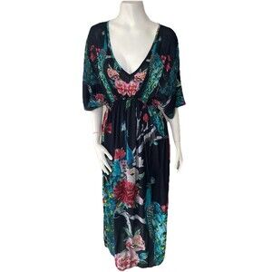 Workd Market Peacock‎ Floral Kaftan Mumu Maxi Dress S/M Boho Resort Vacation